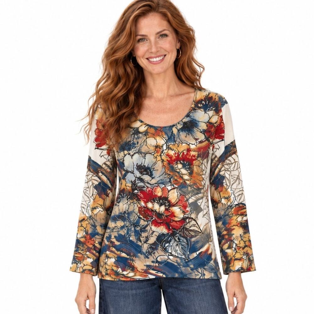 Chicos Artsy Floral Knit Top Size 3 Womens XL Multicolor Long Sleeve Casual Tee
